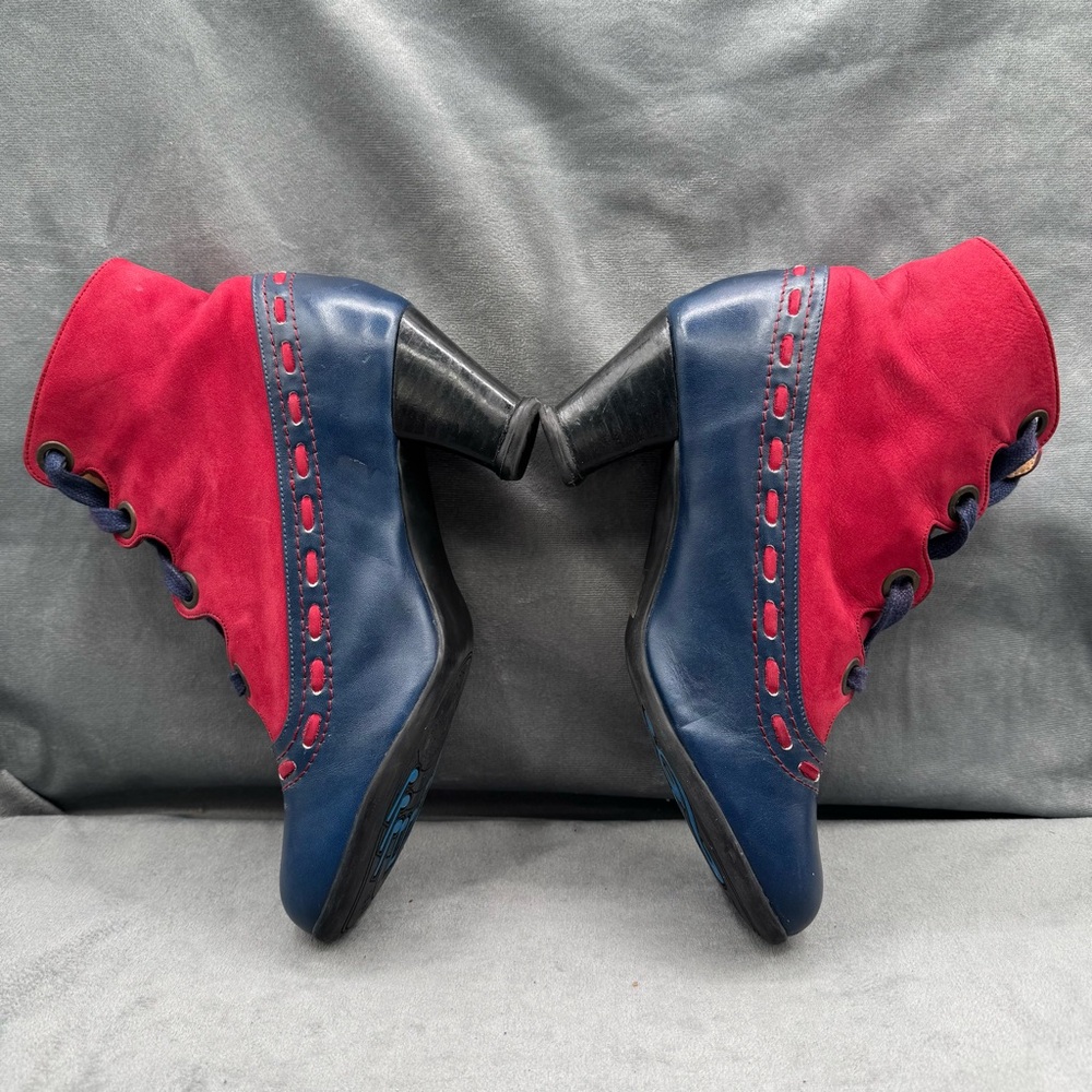 John Fluevog Operetta Bordoni Ankle Boots Women’s 8 Navy & Red Leather - Picture 11 of 16